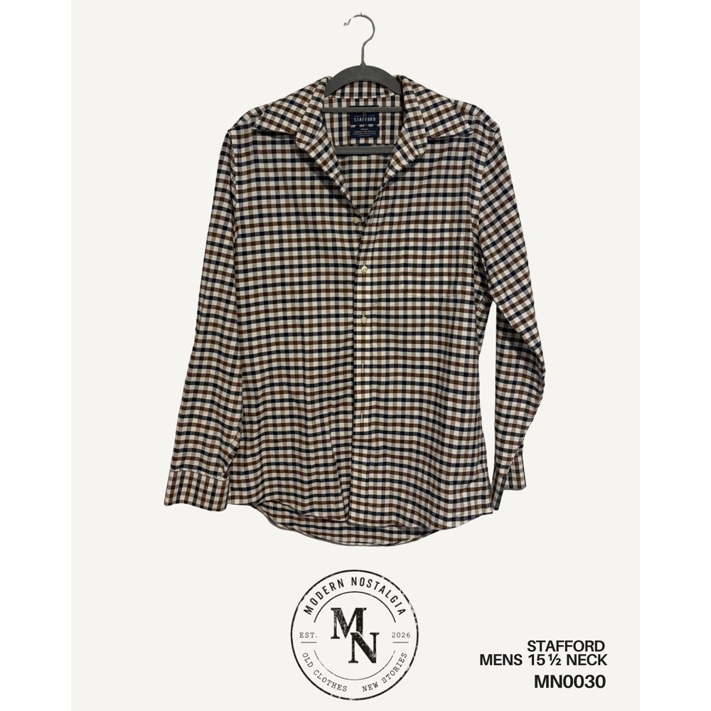 Stafford Men's 15.5 Medium Black Brown Plaid Fitted Button Down Shirt